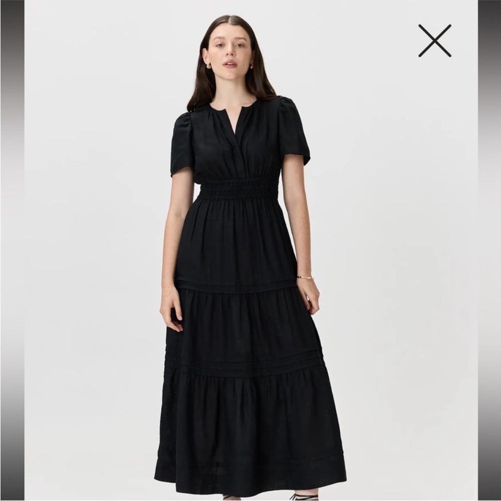 Quince Women 100% Organic Cotton Poplin Tiered Maxi Dress Black Basic Size L